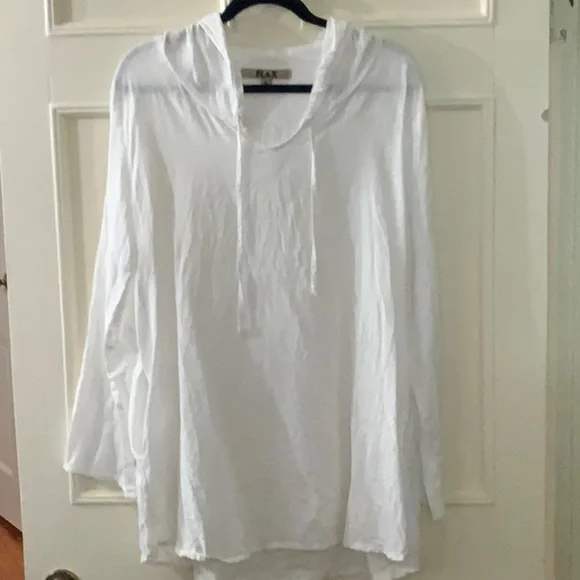 FLAX linen hooded pull-over, white with pockets. Medium - Picture 1 of 3